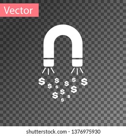 White Magnet with money icon isolated on transparent background. Concept of attracting investments, money. Big business profit attraction and success. Vector Illustration