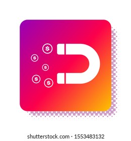 White Magnet with money icon isolated on white background. Concept of attracting investments, money. Big business profit attraction and success. Square color button. Vector Illustration
