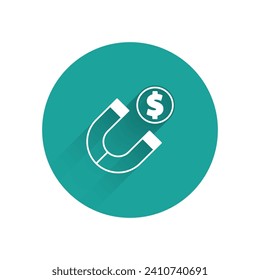 White Magnet with money icon isolated with long shadow. Concept of attracting investments. Big business profit attraction and success. Green circle button. Vector