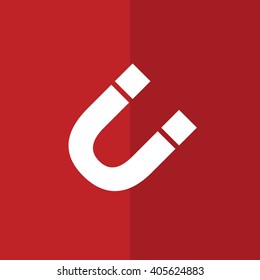 White magnet vector icon. Red background
