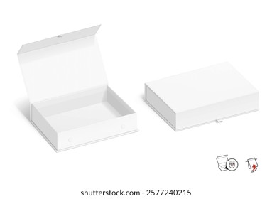 White magnetic gift box with tab mockup. Vector illustration isolated on white background. Taking your 2D designs into 3D. Can be use for gift box, luxury, cosmetics, and other goods. EPS10.