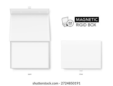White magnetic rigid box with tab mockup. Vector illustration isolated on white background. Taking your 2D designs into 3D. Can be use for gift box, luxury, cosmetics, and other goods. EPS10.