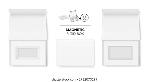 White magnetic rigid box with tab mockup. Vector illustration isolated on white background. Taking your 2D designs into 3D. Can be use for gift box, luxury, cosmetics, and other goods. EPS10.
