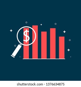 A white magnifier with a currency sign is shown on top of the red chart. Dark blue background.