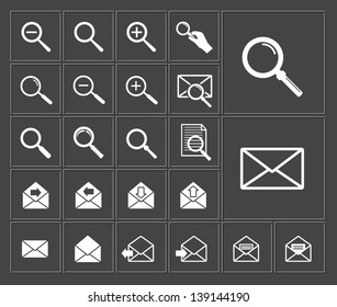 white magnifier, zoom, search and envelope vector web icons set