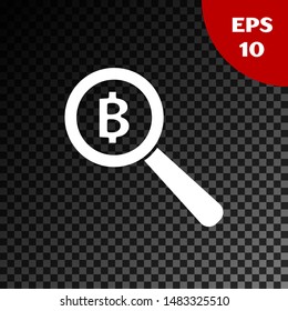 White Magnifying glass with Bitcoin icon isolated on transparent dark background. Physical bit coin. Blockchain based secure crypto currency.  Vector Illustration