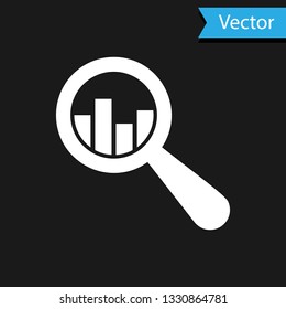 White Magnifying glass and data analysis icon isolated on black background. Vector Illustration