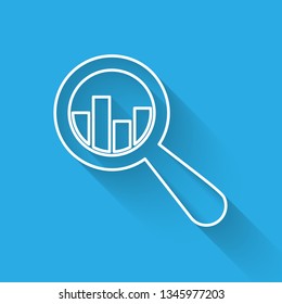 White Magnifying glass and data analysis icon isolated with long shadow. Vector Illustration