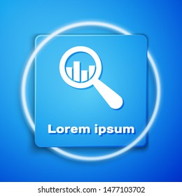 White Magnifying glass and data analysis icon isolated on blue background. Blue square button. Vector Illustration