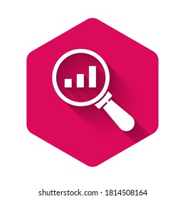 White Magnifying glass and data analysis icon isolated with long shadow. Pink hexagon button. Vector.