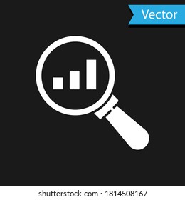 White Magnifying glass and data analysis icon isolated on black background. Vector.