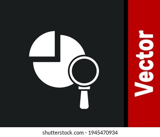 White Magnifying glass and data analysis icon isolated on black background.  Vector