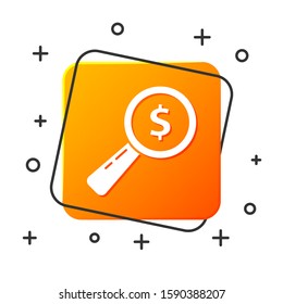 White Magnifying glass and dollar icon isolated on white background. Find money. Looking for money. Orange square button. Vector Illustration