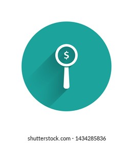 White Magnifying glass and dollar symbol icon isolated with long shadow. Find money. Looking for money. Green circle button. Vector Illustration