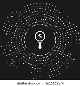 White Magnifying glass and dollar symbol icon isolated on grey background. Find money. Looking for money. Abstract circle random dots. Vector Illustration