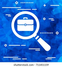 white magnifying glass with flat portfolio briefcase study icon on blue Triangular Polygonal background, search icon design or web