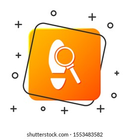 White Magnifying glass with footsteps icon isolated on white background. Detective is investigating. To follow in the footsteps. Orange square button. Vector Illustration