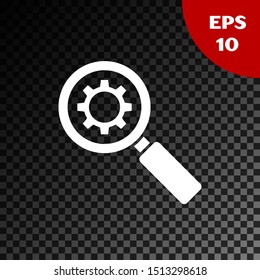 White Magnifying glass and gear icon isolated on transparent dark background. Search gear tool. Business analysis symbol.  Vector Illustration