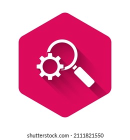 White Magnifying glass and gear icon isolated with long shadow. Search gear tool. Business analysis symbol. Pink hexagon button. Vector Illustration