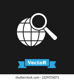 White Magnifying glass with globe icon isolated on black background. Analyzing the world. Global search sign.  Vector Illustration