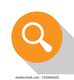 White Magnifying glass icon isolated on white background. Search, focus, zoom, business symbol. Orange circle button. Flat design. Vector Illustration