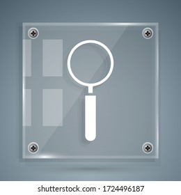 White Magnifying glass icon isolated on grey background. Search, focus, zoom, business symbol. Square glass panels. Vector Illustration