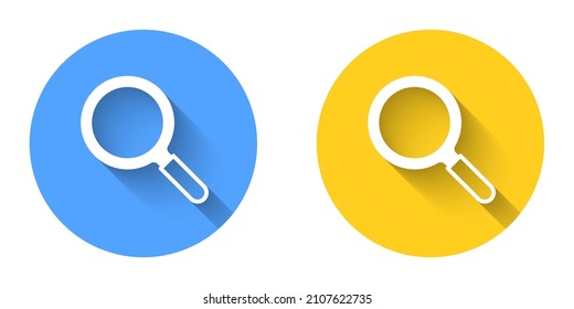 White Magnifying glass icon isolated with long shadow background. Search, focus, zoom, business symbol. Circle button. Vector