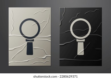 White Magnifying glass icon isolated on crumpled paper background. Search, focus, zoom, business symbol. Paper art style. Vector