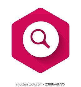 White Magnifying glass icon isolated with long shadow background. Search, focus, zoom, business symbol. Pink hexagon button. Vector