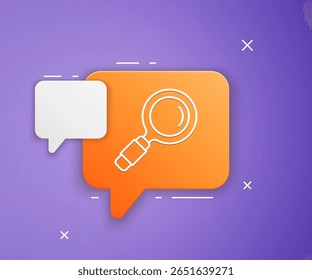 Icône loupe blanche isolée sur fond violet. Recherche, mise au point, zoom, symbole d'entreprise. Symbole orange de bulle vocale. Image vectorielle