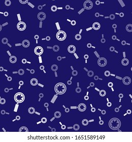 White Magnifying glass with leaf icon isolated seamless pattern on blue background. Scientific biology, study nature leaf.  Vector Illustration