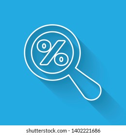White Magnifying glass with percent discount line icon isolated with long shadow. Discount offers searching. Search for discount sale sign. Vector Illustration