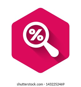 White Magnifying glass with percent discount icon isolated with long shadow. Discount offers searching. Search for discount sale sign. Pink hexagon button. Vector Illustration