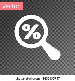 White Magnifying glass with percent discount icon isolated on transparent background. Discount offers searching. Search for discount sale sign. Vector Illustration