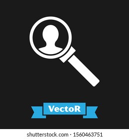 White Magnifying glass for search icon isolated on black background. Recruitment or selection concept. Search for employees and job.  Vector Illustration