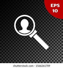 White Magnifying glass for search icon isolated on transparent dark background. Recruitment or selection concept. Search for employees and job.  Vector Illustration