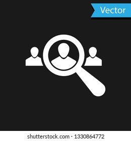 White Magnifying glass for search a people icon on black background. Recruitment or selection concept. Search for employees and job, human resource. Vector Illustration