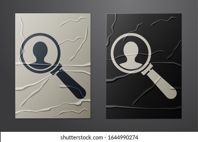 White Magnifying glass for search a people icon isolated on crumpled paper background. Recruitment or selection. Search for employees and job. Paper art style. Vector Illustration