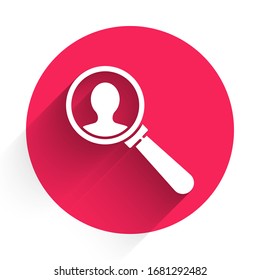 White Magnifying glass for search a people icon isolated with long shadow. Recruitment or selection. Search for employees and job. Red circle button. Vector Illustration
