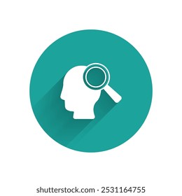 White Magnifying glass for search a people icon isolated with long shadow background. Recruitment or selection. Search for employees and job. Green circle button. Vector