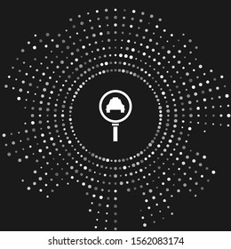 White Magnifying glass and taxi car icon isolated on grey background. Taxi search. Abstract circle random dots. Vector Illustration
