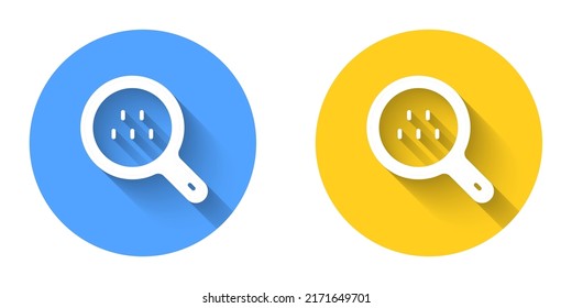 White Magnifying glass and taxi car icon isolated with long shadow background. Taxi search. Circle button. Vector
