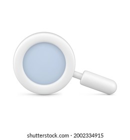 White magnifying glass. Volumetric scaling tool. Optical study with scientific research. Business analytics with detailed analysis commercial stock market surges. Vector 3d realistic icon isolated