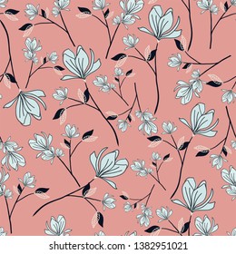 white magnolia with pink background vector seamless pattern - Great for wallpaper,backgrounds,gifs,surface pattern design,packaging design projects,