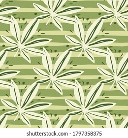Las siluetas de maijuana blanca son un patrón sin fisuras. Fondo verde con tiras. Fondo floral. Diseñado para papel pintado, textil, papel envolvente, impresión de tela. Ilustración vectorial.