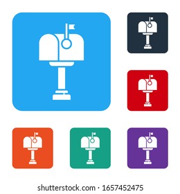 White Mail box icon isolated on white background. Mailbox icon. Mail postbox on pole with flag. Set icons in color square buttons. Vector Illustration