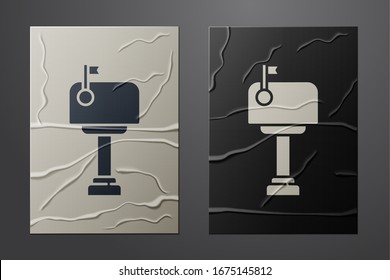 White Mail box icon isolated on crumpled paper background. Mailbox icon. Mail postbox on pole with flag. Paper art style. Vector Illustration