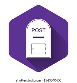 White Mail box icon. Post box icon isolated with long shadow. Purple hexagon button. Vector Illustration