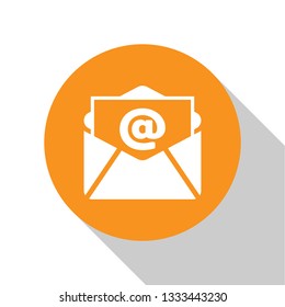 White Mail and e-mail icon isolated on white background. Envelope symbol e-mail. Email message sign. Orange circle button. Flat design. Vector Illustration