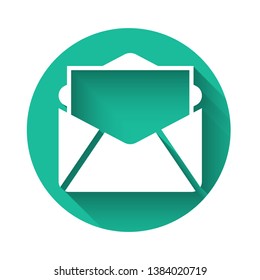 White Mail and e-mail icon isolated with long shadow. Envelope symbol e-mail. Email message sign. Green circle button. Vector Illustration